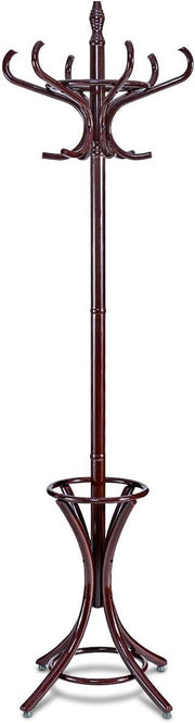 Mahogany Solid Wood Coat Rack with 12 Hooks & Umbrella Holder | Freestanding