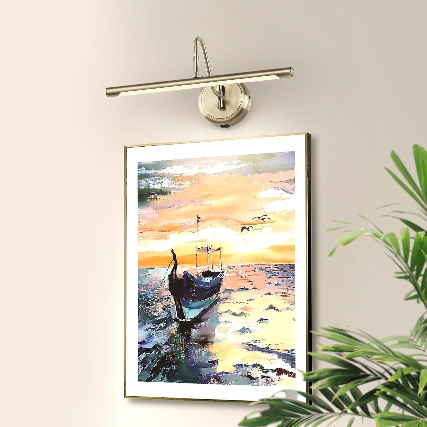 Wireless Antique Brass Wall Light with Adjustable Swing Arm, Dimmable 16.5"