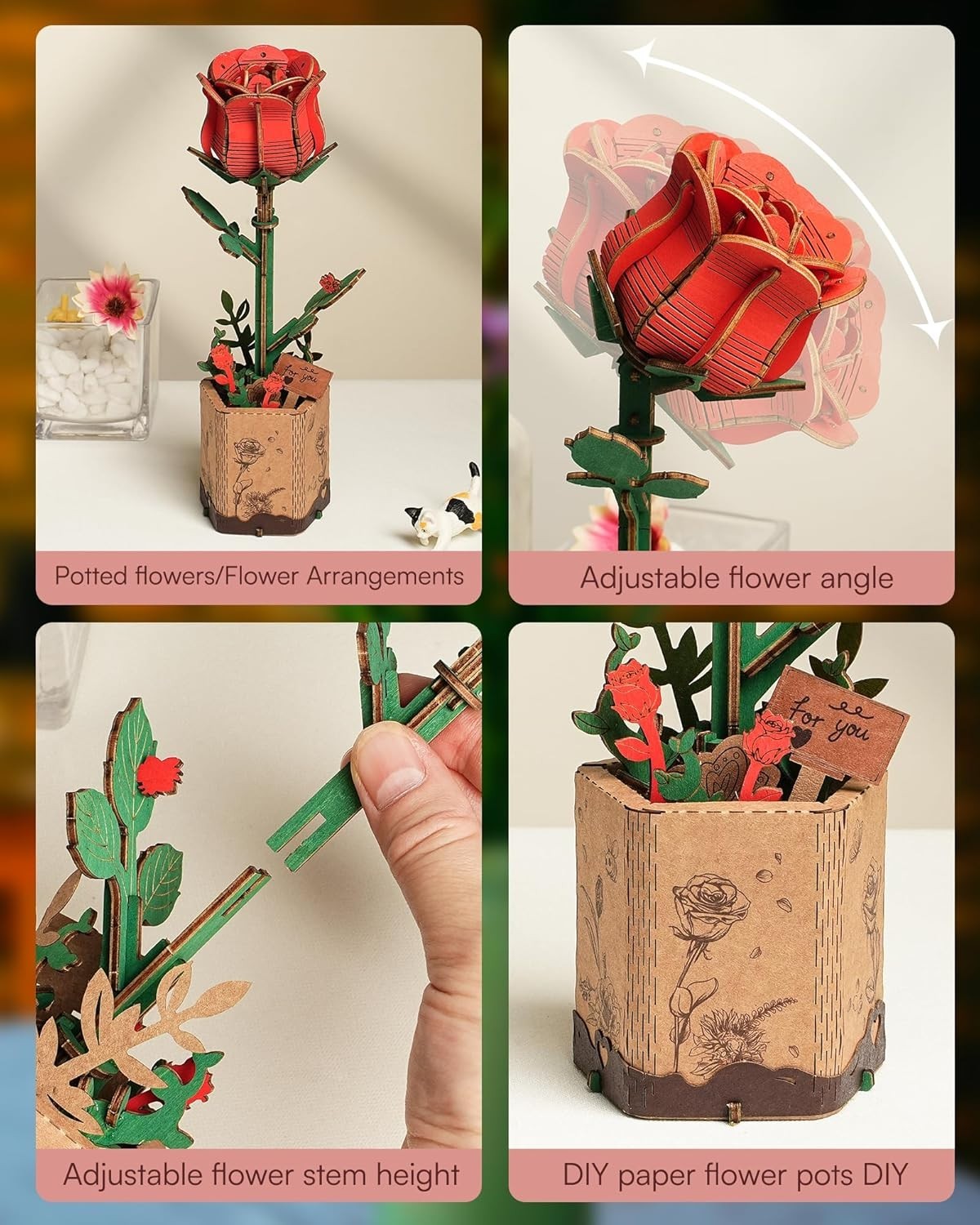 3D Wooden Rose Puzzle DIY Flower Kit Gift for Adults – Home Decor Craft