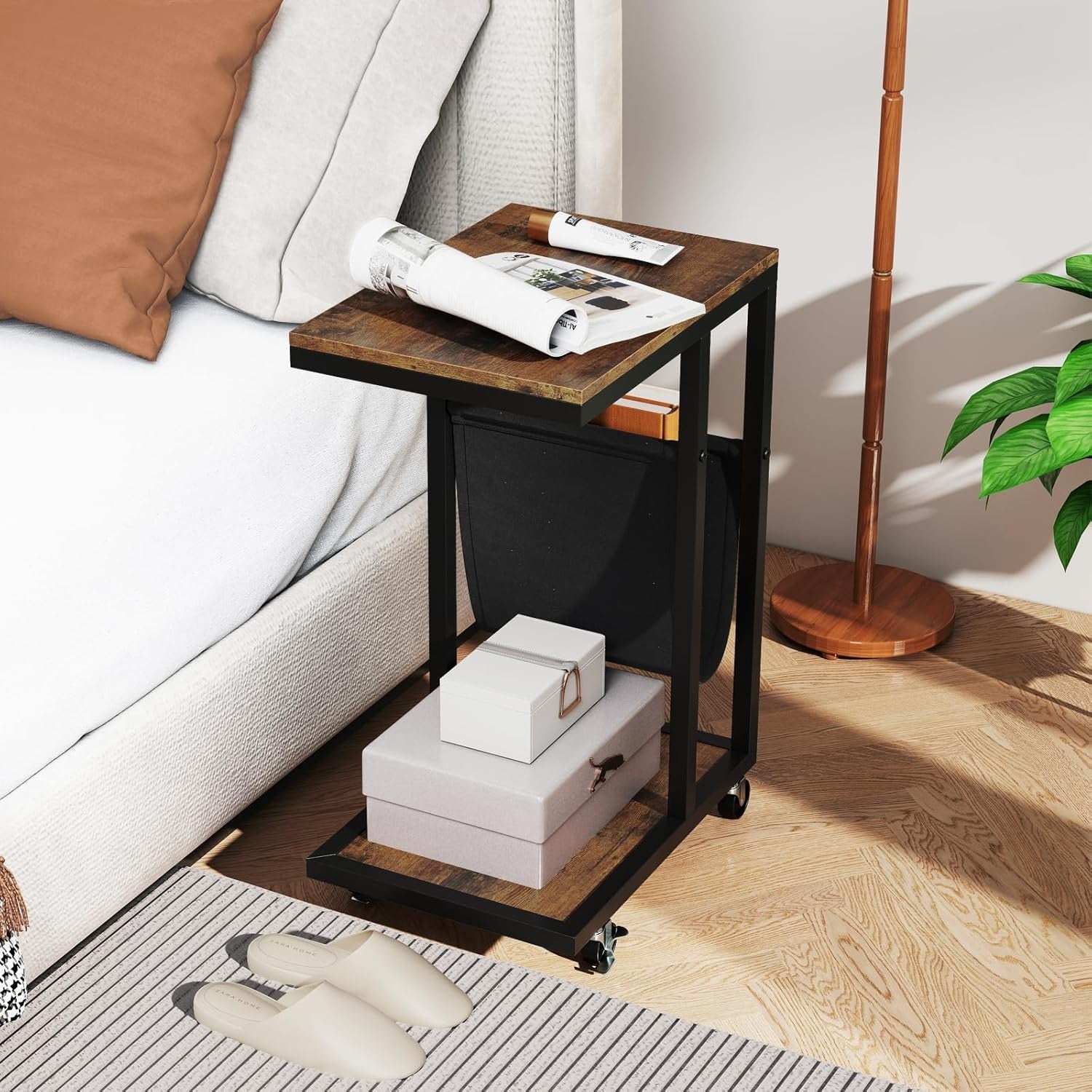 Rolling C-Shaped Side Table Rustic Brown | Sofa Laptop Table w/ Magazine Rack