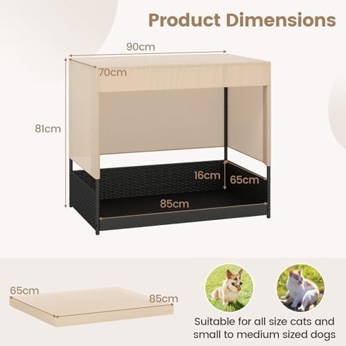 Wicker Pet House with Cushion & Roof, Raised Rattan Dog Bed for Small Dogs