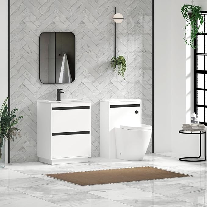 600mm Matte White Floor Standing Vanity Unit with Basin Sink 2 Drawer Cabinet