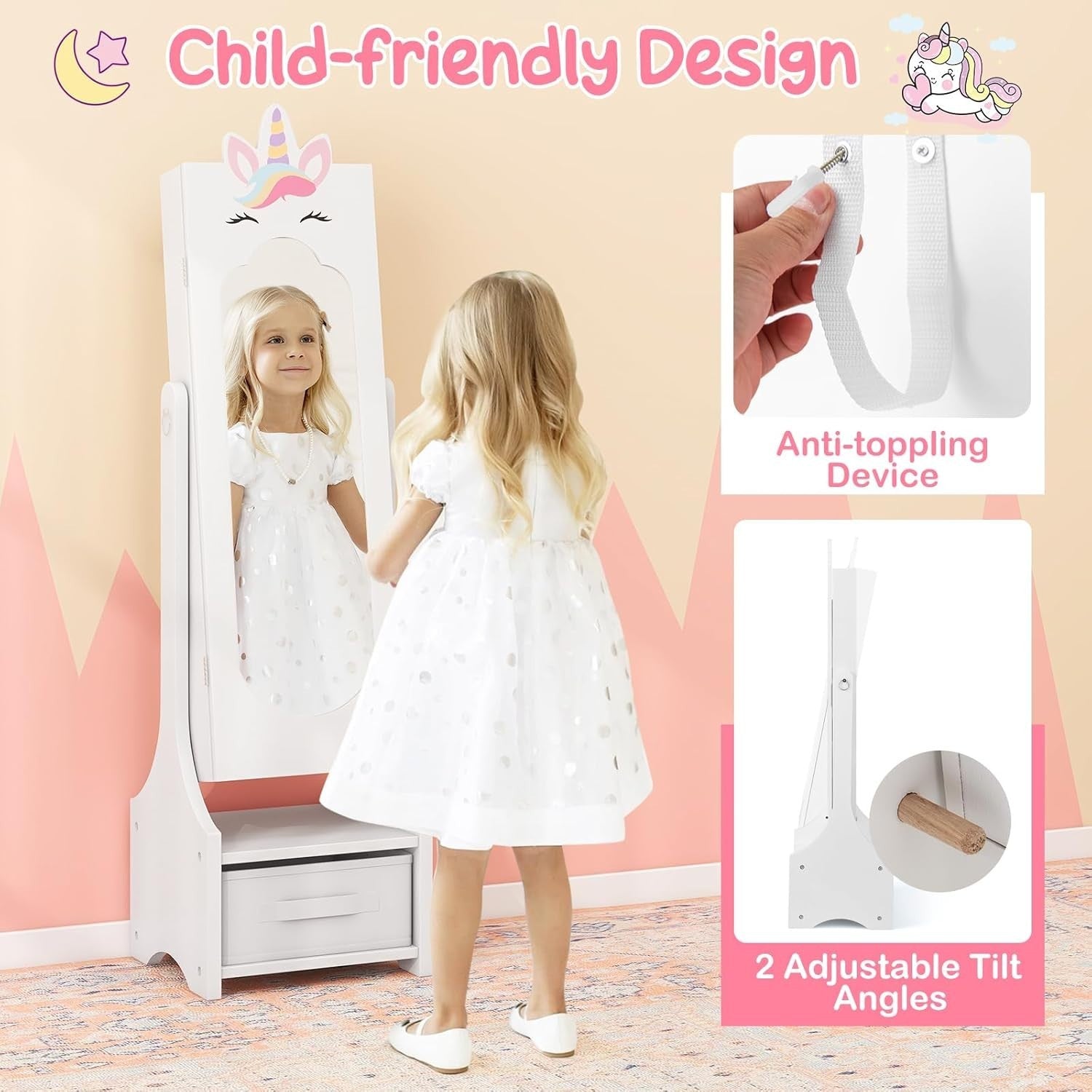 Kids Jewelry Cabinet Mirror Organizer Adjustable Princess Storage Unicorn