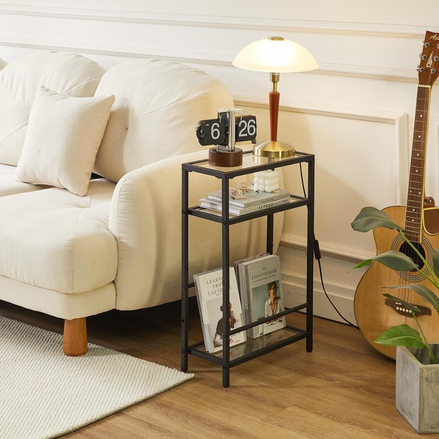 Slim Glass Side Table 3 Tier Narrow Black End Shelf for Sofa Bed Small Space