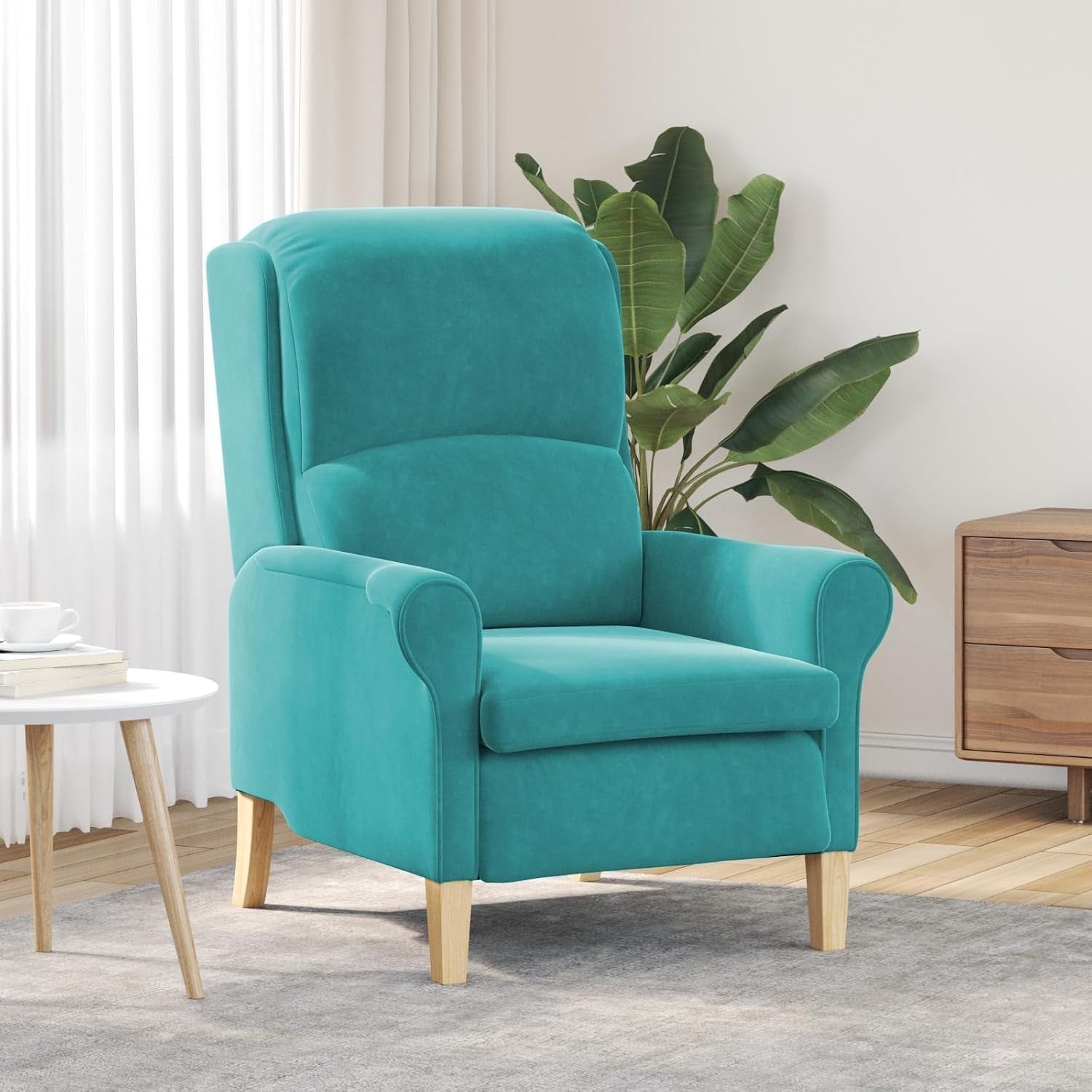 Turquoise Recliner Armchair Fabric Wingback Chair Wood Legs Lounge