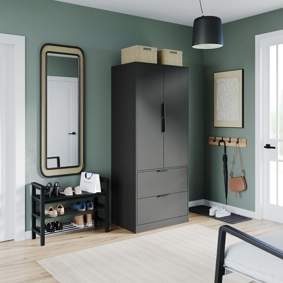 Black 2 Door Wardrobe with 2 Drawers, Hanging Rail & Clothes Storage Unit