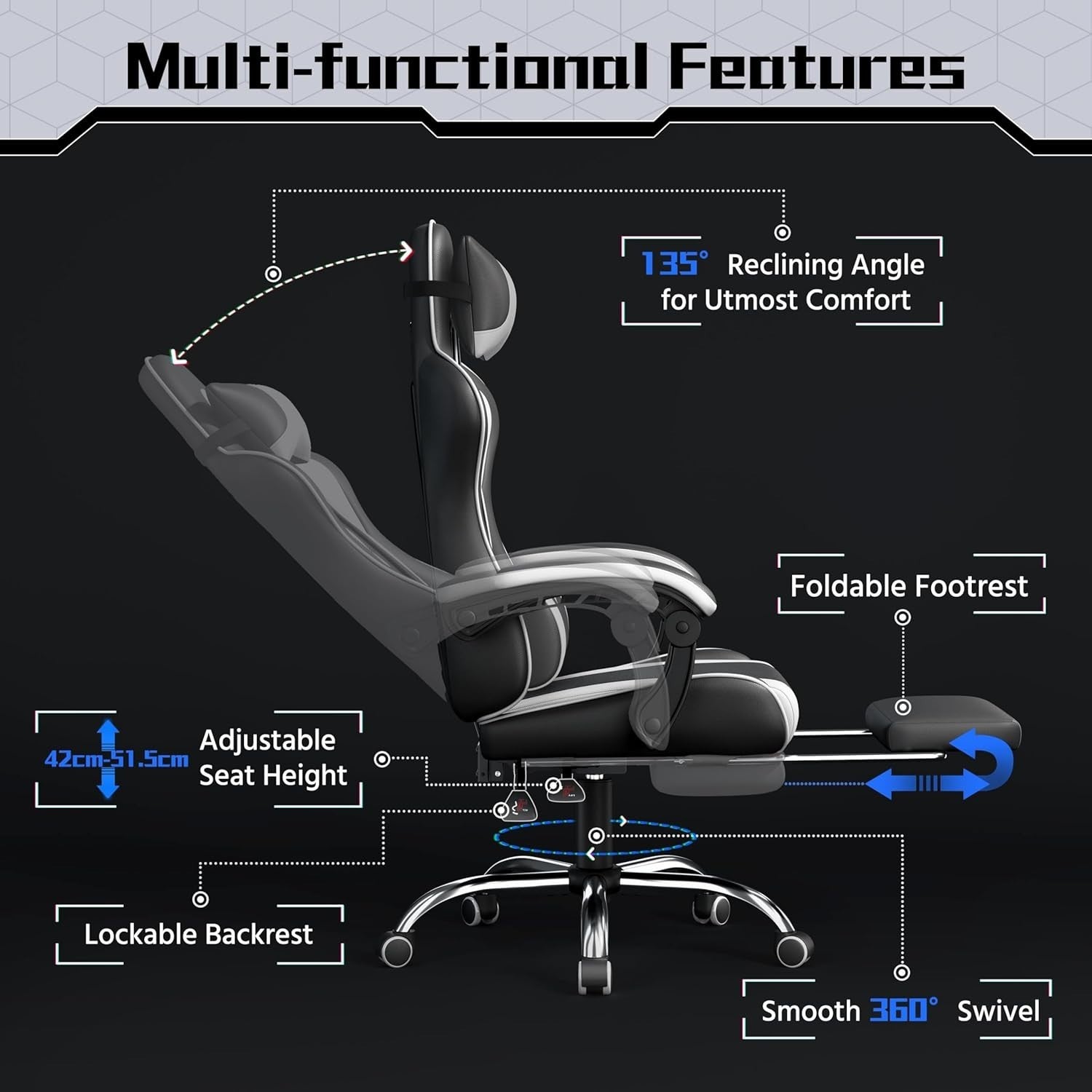 Gaming Chair Office Desk Large PU Leather Recliner w/ Footrest Lumbar Massage