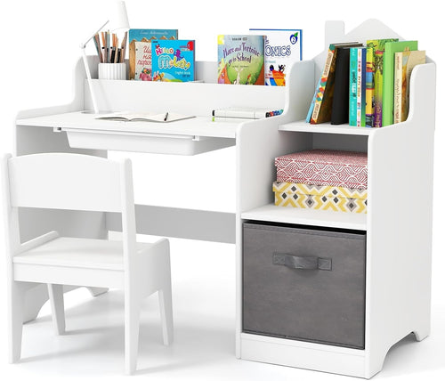 Kids Desk & Chair Set with Storage Drawers Bookshelves for Learning Play
