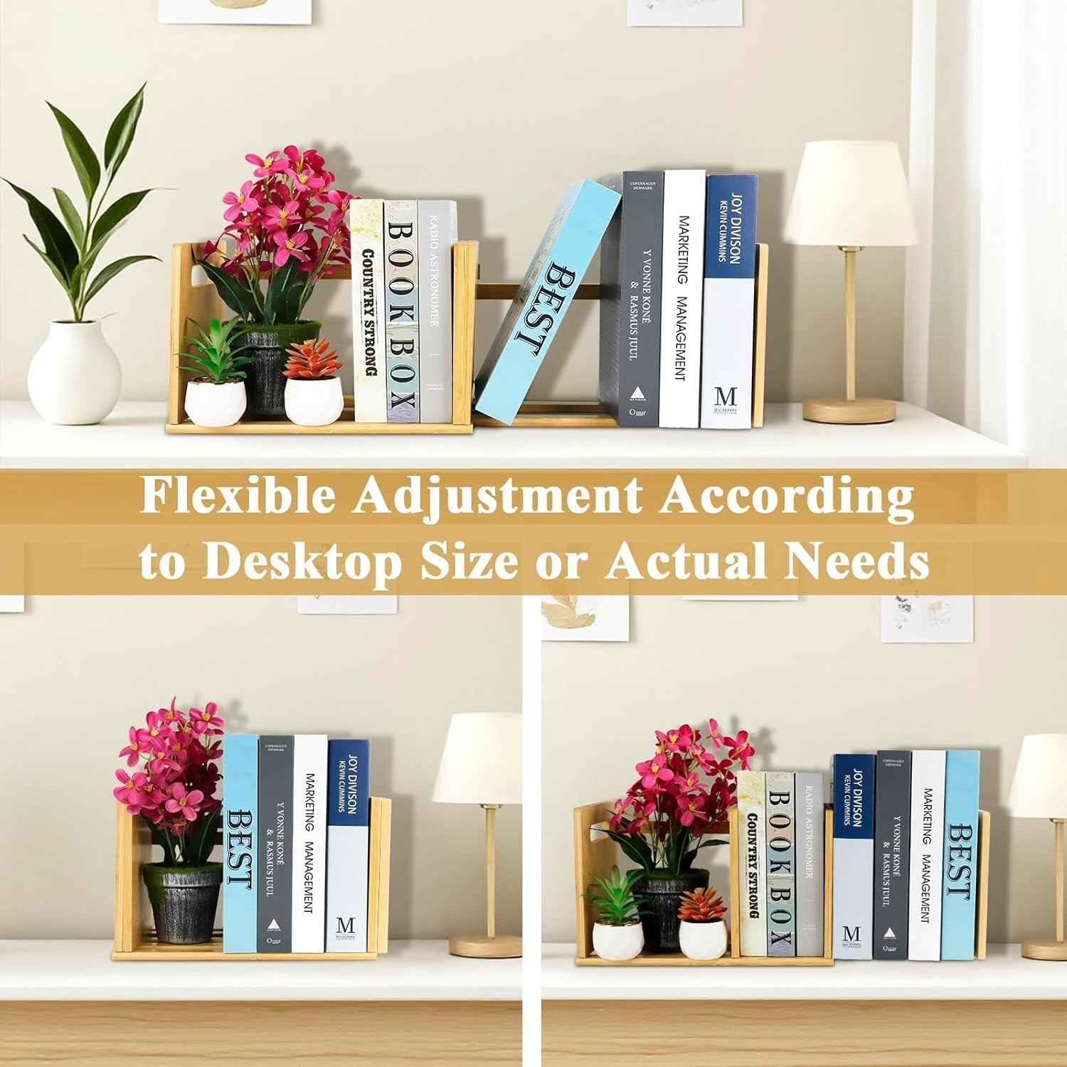 Expandable Bamboo Desktop Bookshelf Adjustable Book Organizer with Carry Handles