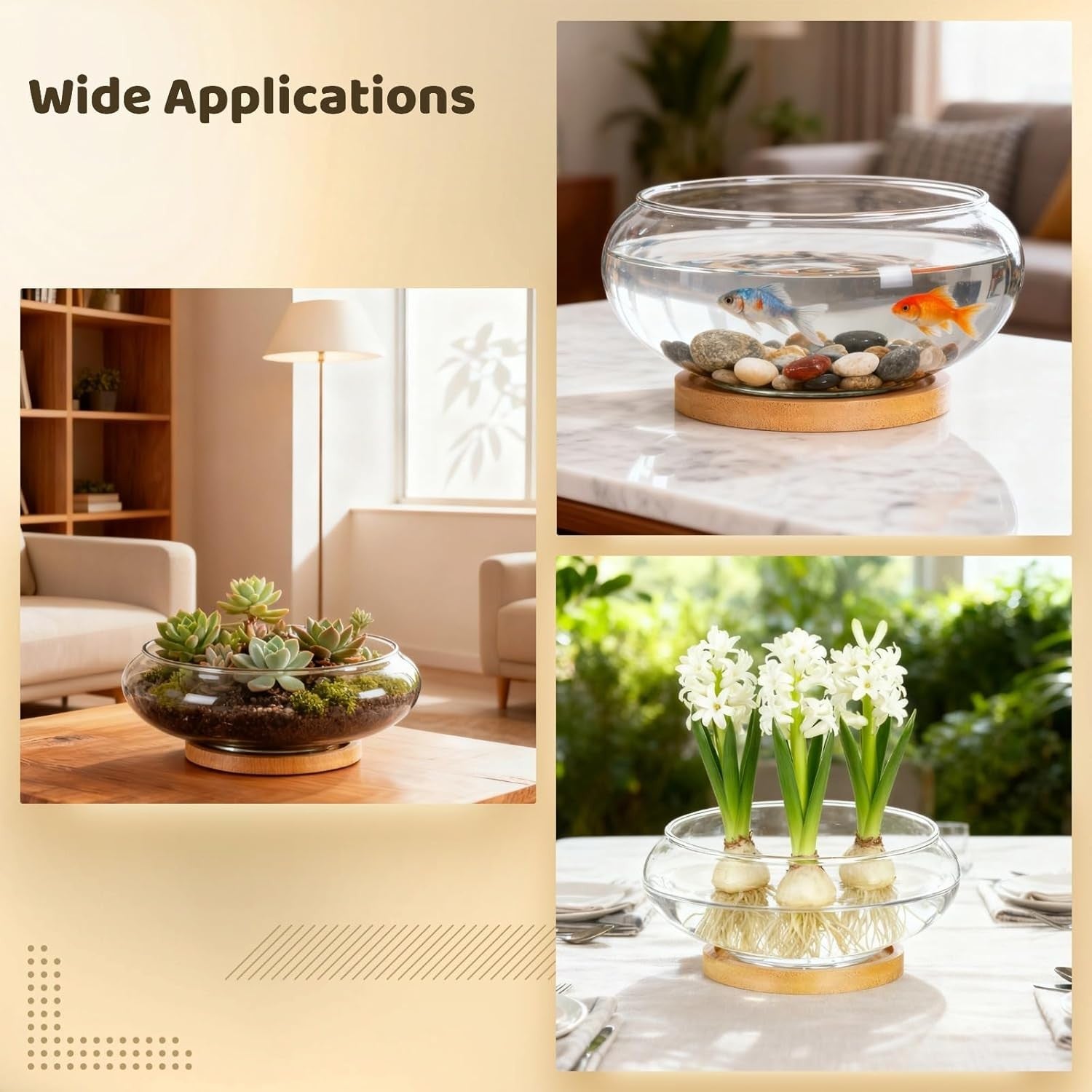 4pc Glass Bowl Vase Set with Wooden Base – Modern Table Centrepiece Decor