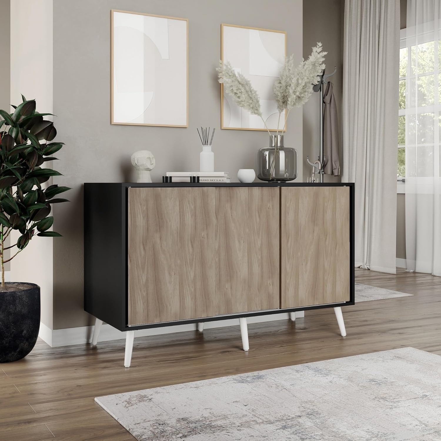 Oak Effect Sideboard Cabinet 3 Door Storage Unit with Sliding Doors Modern