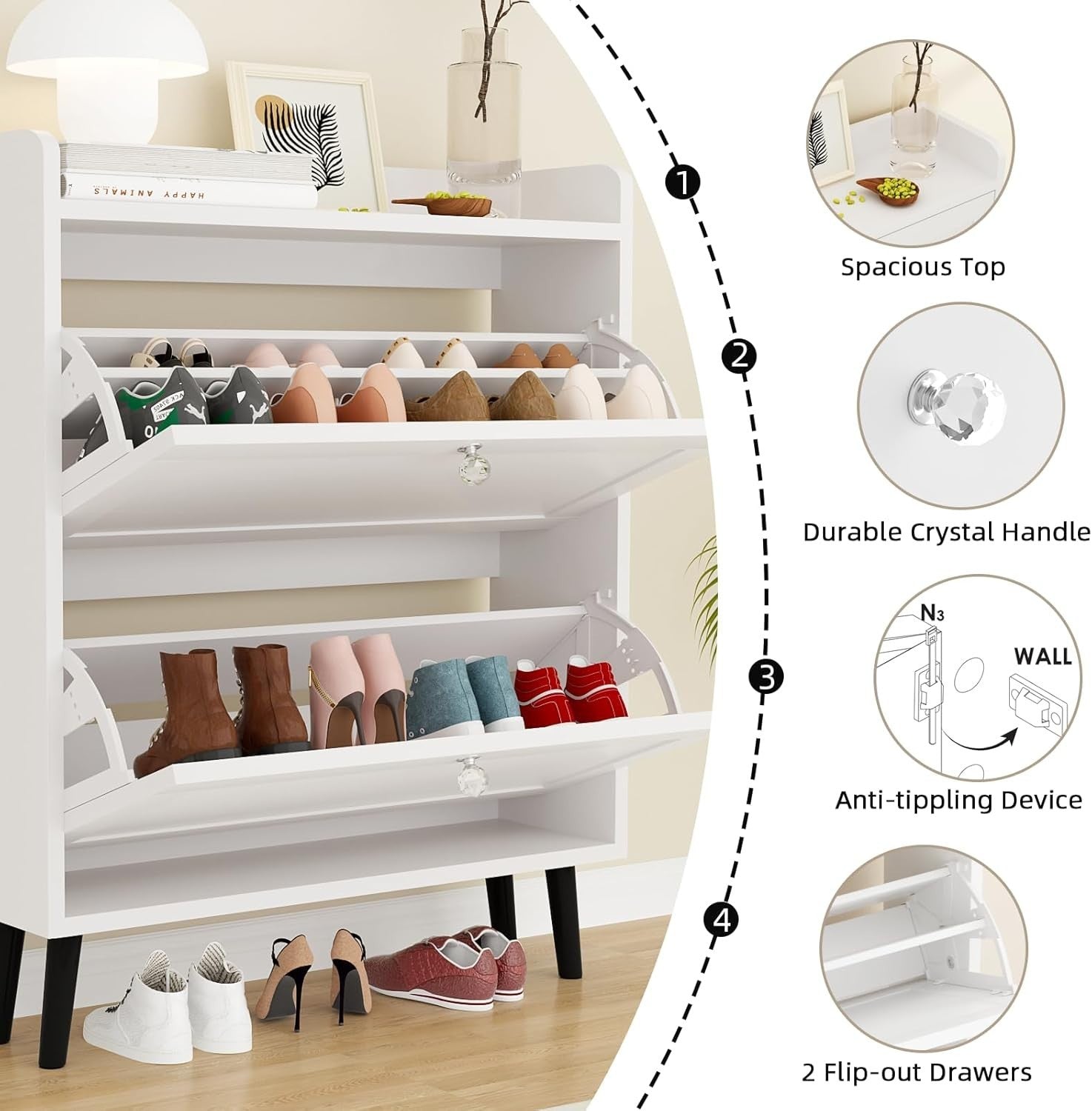 Slim White Shoe Cabinet 2 Flip Drawers with Storage, 80cm Entryway Unit