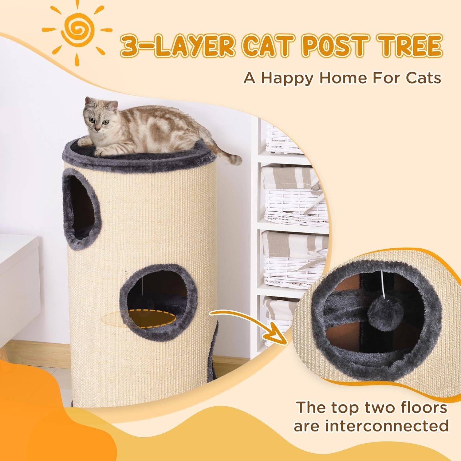 70cm Cat Scratching Post Barrel Condo Sisal Activity Tower Indoor