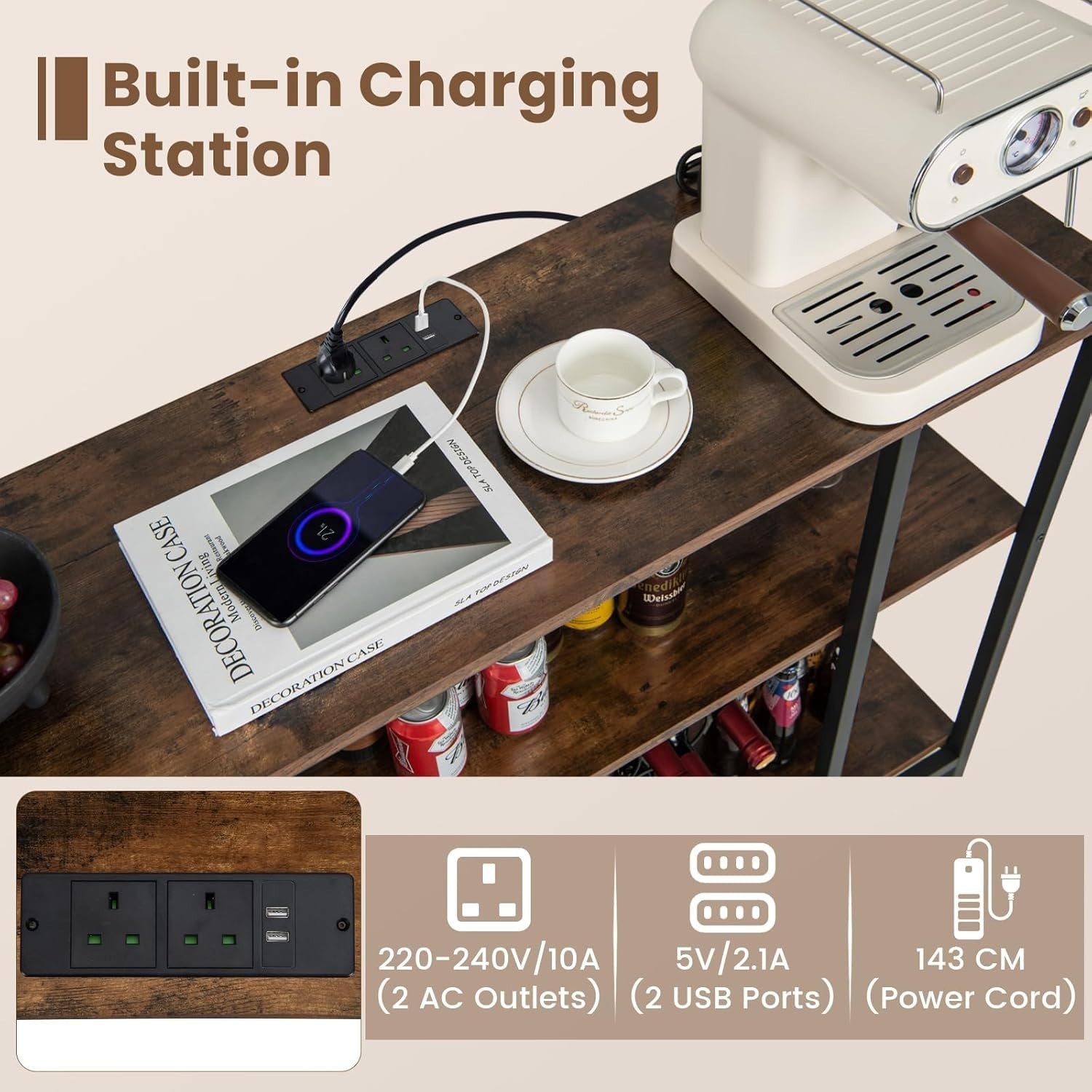 Wine Bar Cabinet with Tabletop, 15 Bottle Rack, Shelves, USB & AC Charging Ports