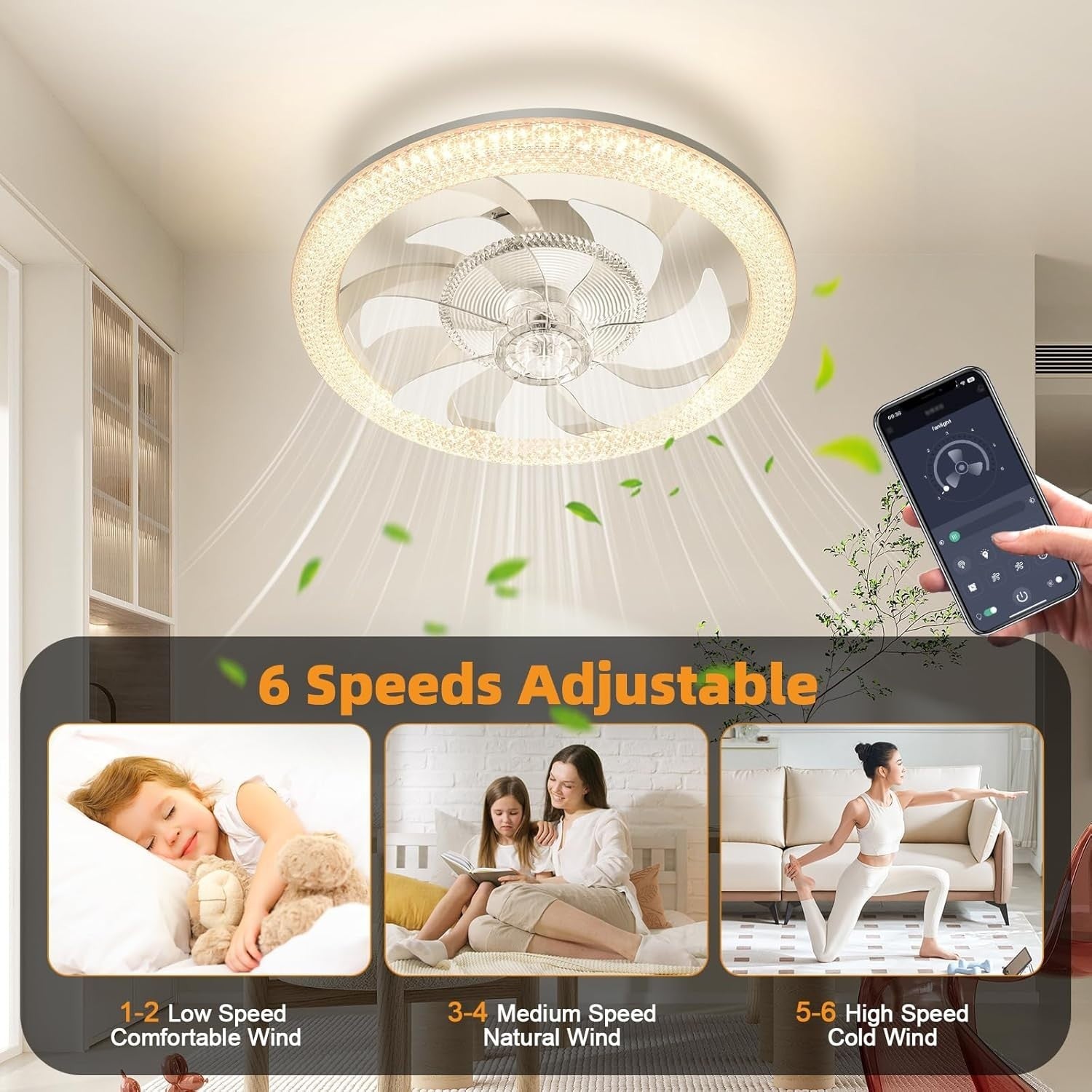 Bellanny 48CM Ceiling Fan, 6 Speeds, Dimmable LED, Remote, Reversible