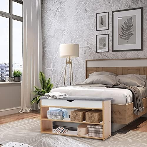 White Shoe Storage Bench with Cushion 2-Tier Organizer Cabinet for Hallway