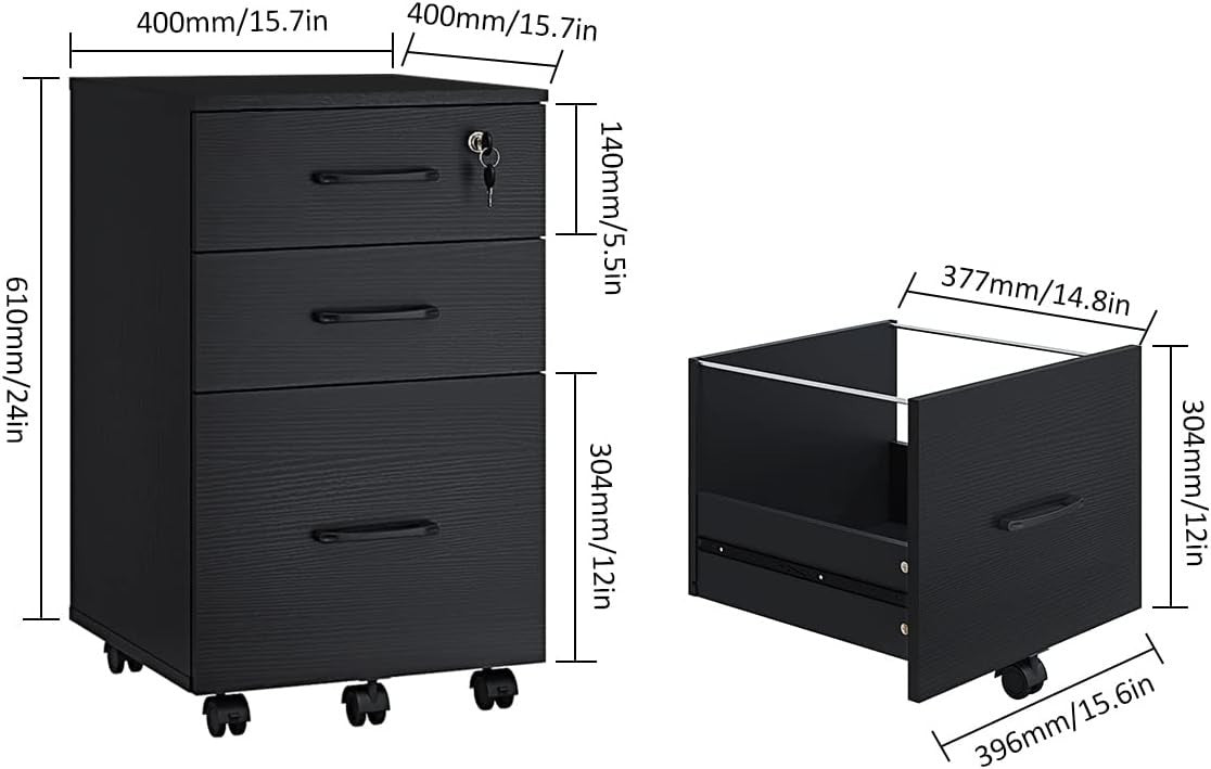 Black Rolling File Cabinet 3 Drawer Locking Under Desk Letter Storage