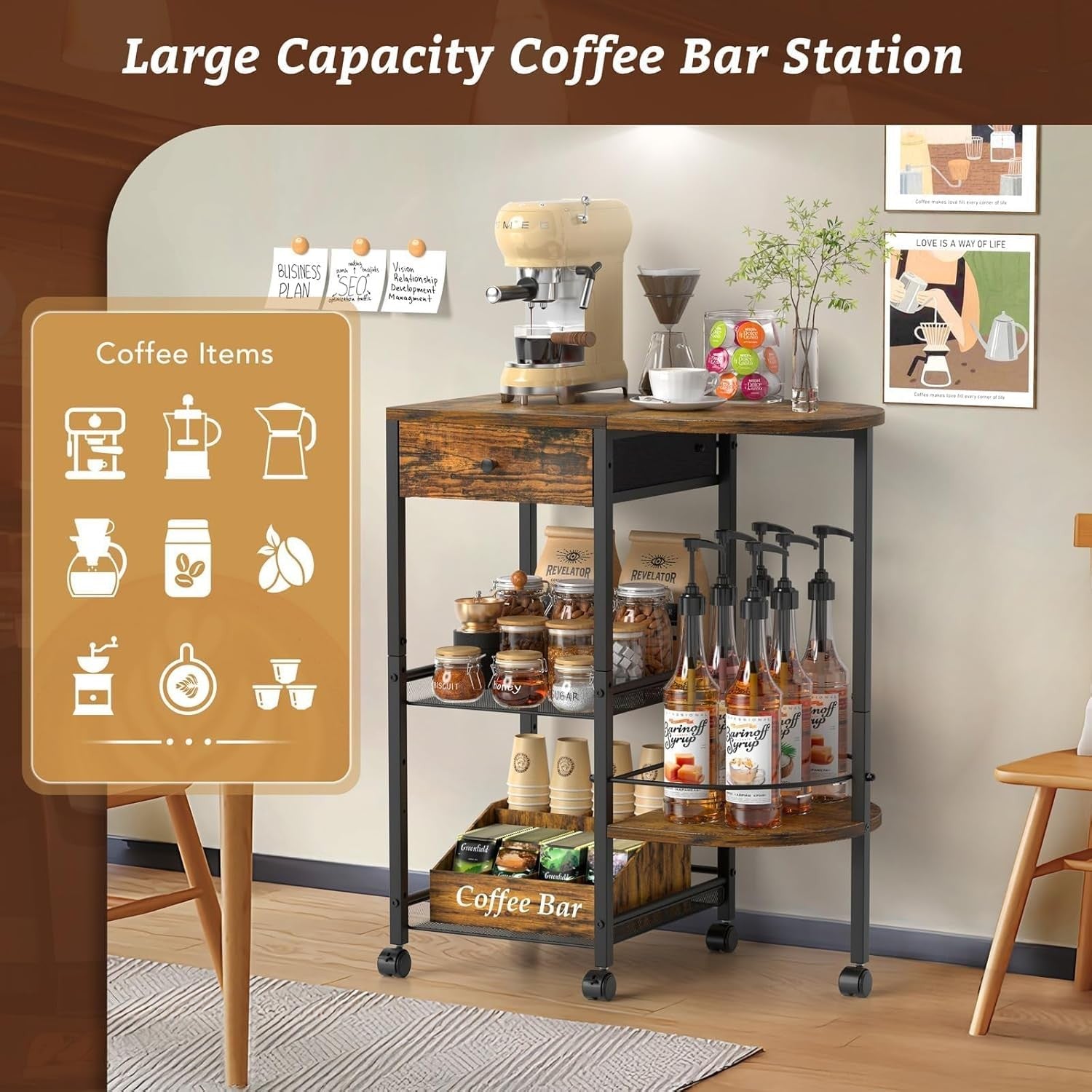 Coffee Station Trolley on Wheels 4 Tier Storage Cart with Drawer & Shelves