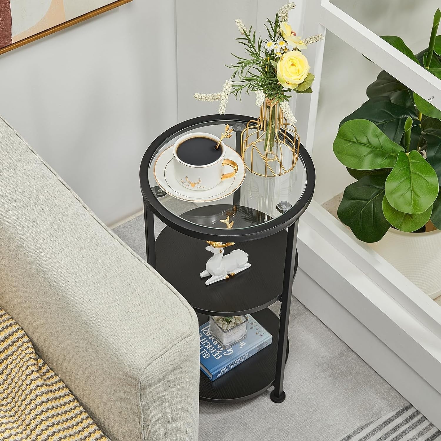 Modern 3-Tier Round Side Table with Tempered Glass, Storage, 30x30x55cm