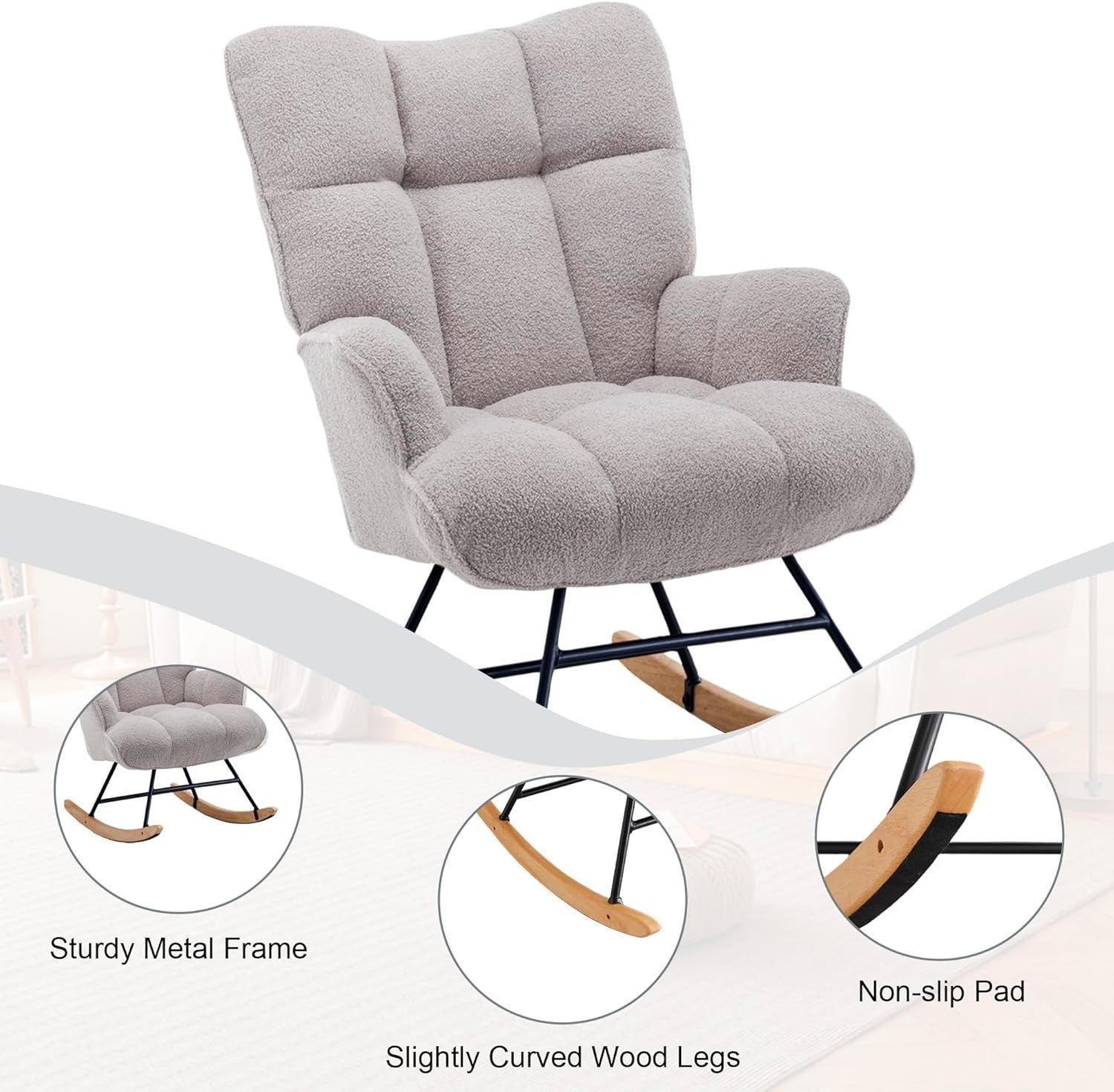 Rocking Chair Nursery Glider Comfy Armchair High Back Padded Seat Grey Teddy