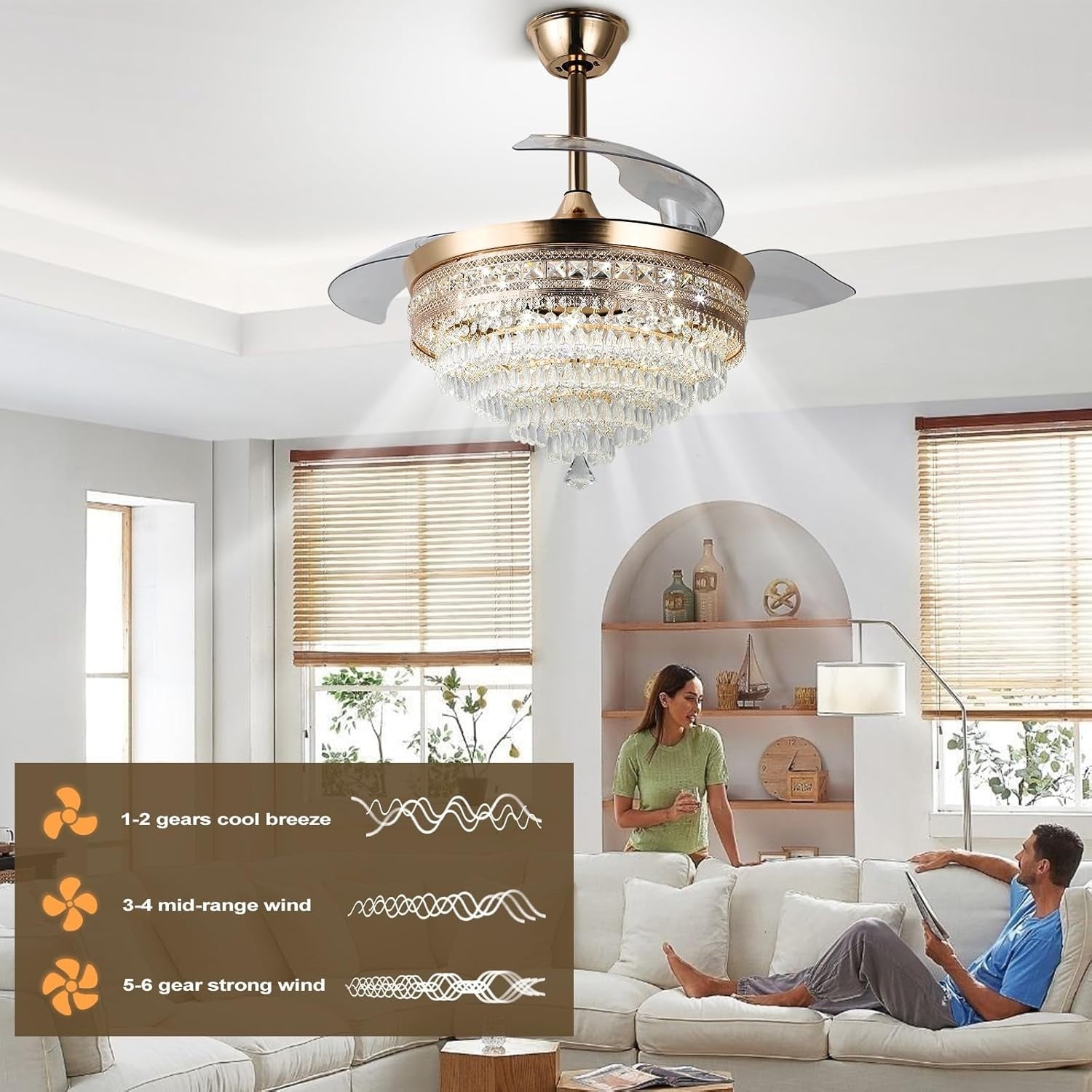 DiiSunBihuo 42"" Gold LED Fandelier, Crystal Fan, 3-Color, Memory, Remote