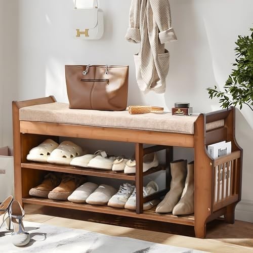 Bamboo Shoe Storage Bench 2 Tier with Cushion Drawer Side Holder Brown 39inch