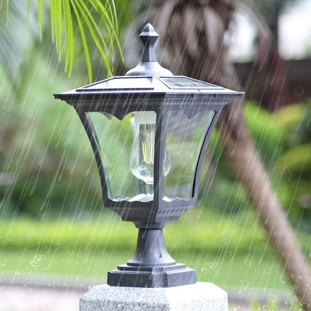 16.5" Solar Post Cap Pillar Light – IP65 Noir 6000K Glass Lantern