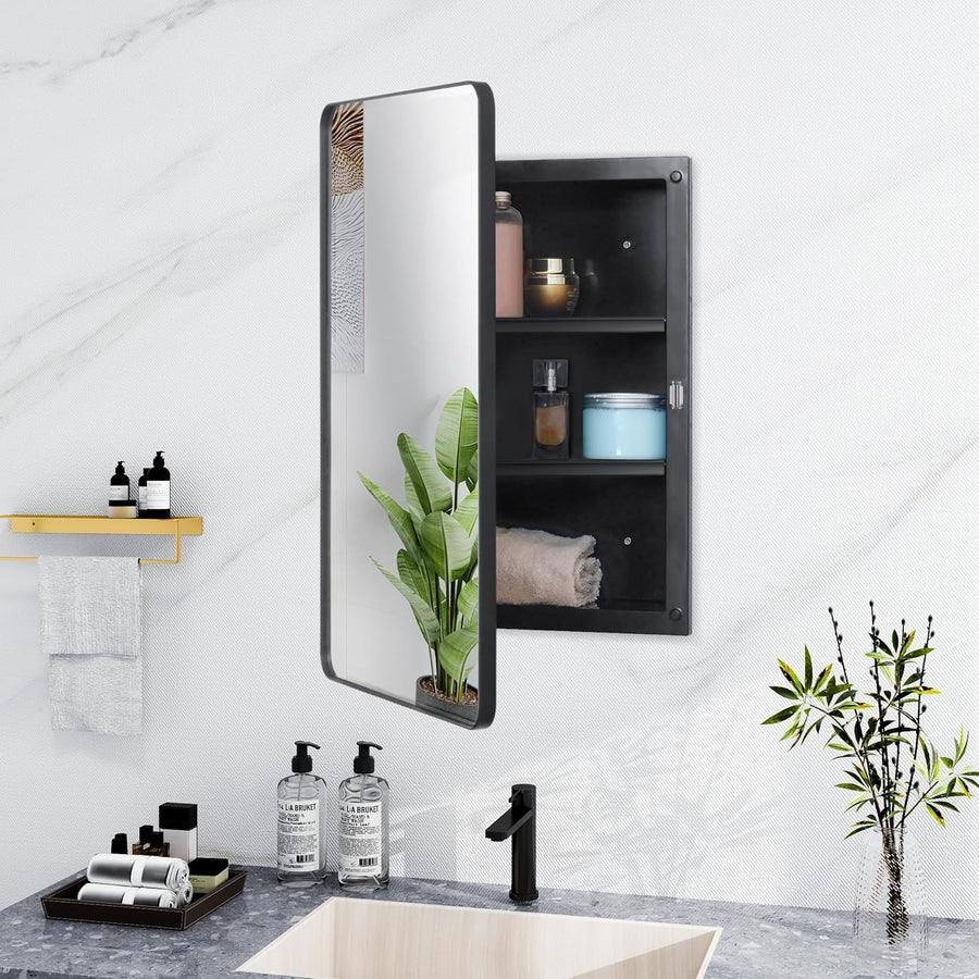 Wall-Mounted Plastic Mirror Cabinet with Adjustable Shelves & Storage