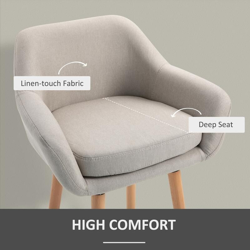 2x Beige Linen Bar Stools with Backrest Armrest Wood Legs for Kitchen