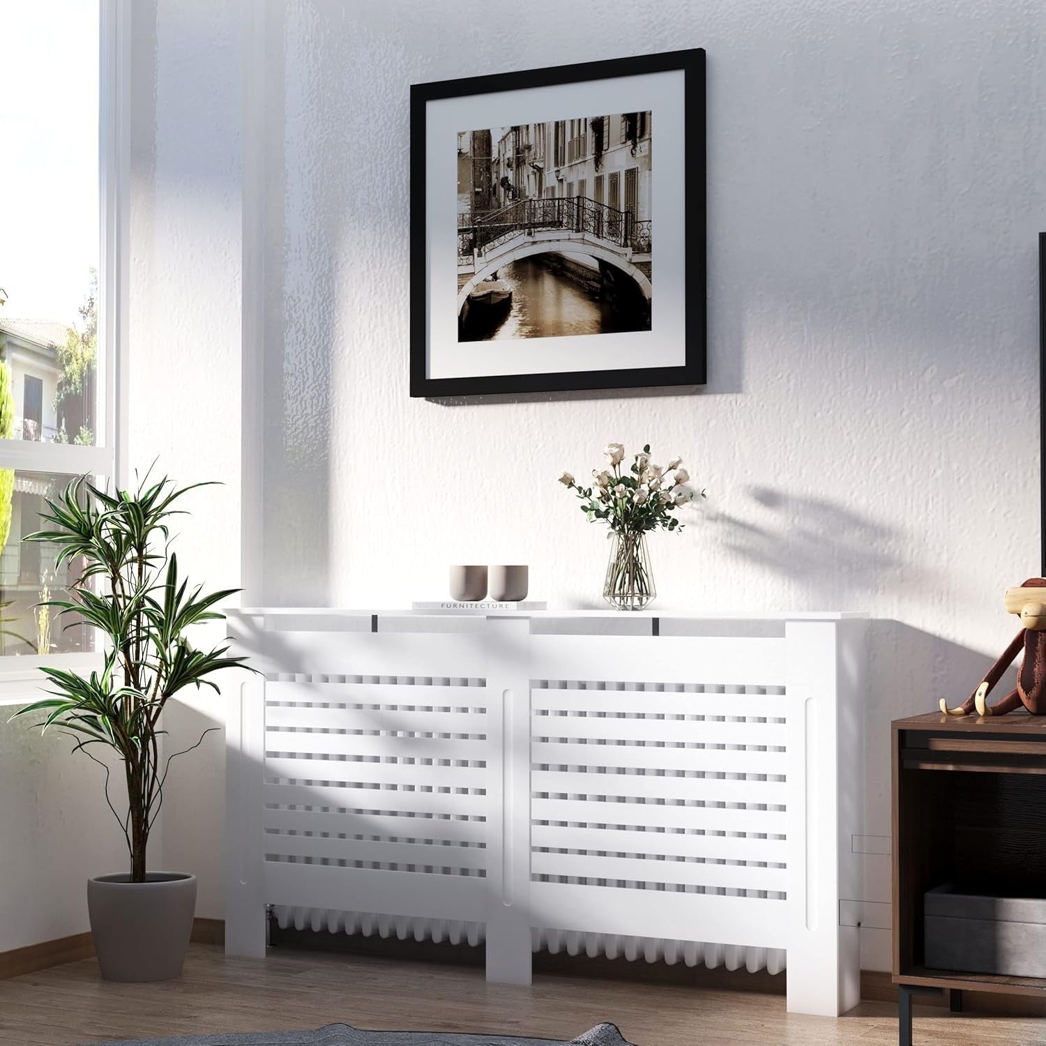 White Radiator Cover Modern MDF Cabinet Horizontal Slats 152x19x81cm