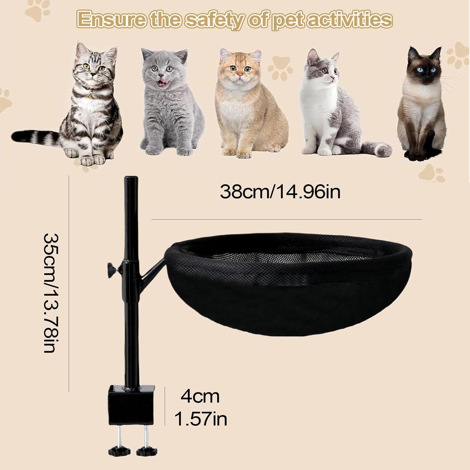 360° Rotating Cat Desk Bed Clamp On Hammock Washable Black
