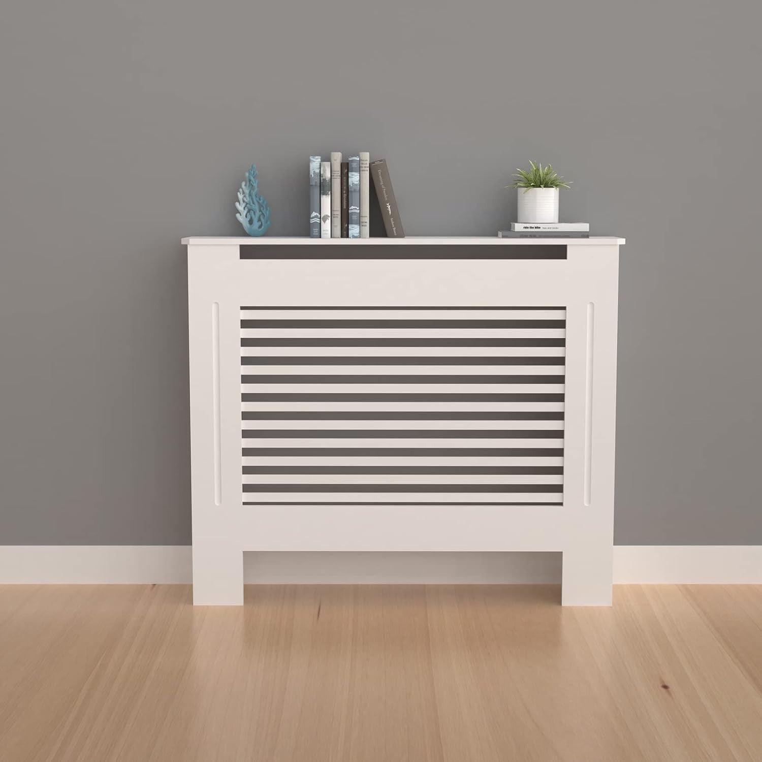 Tall Radiator Cover White MDF Cabinet | Horizontal Slats Modern Shelf 100cm