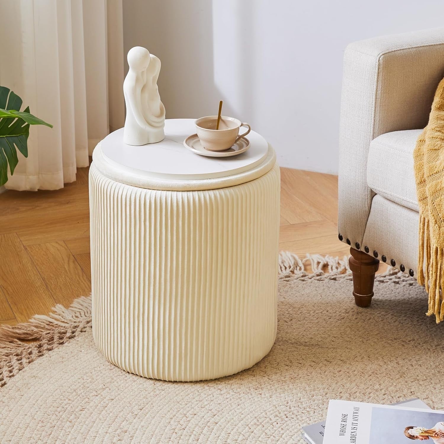 White Velvet Storage Ottoman Set of 2 – Round Vanity Stools & Side Tables