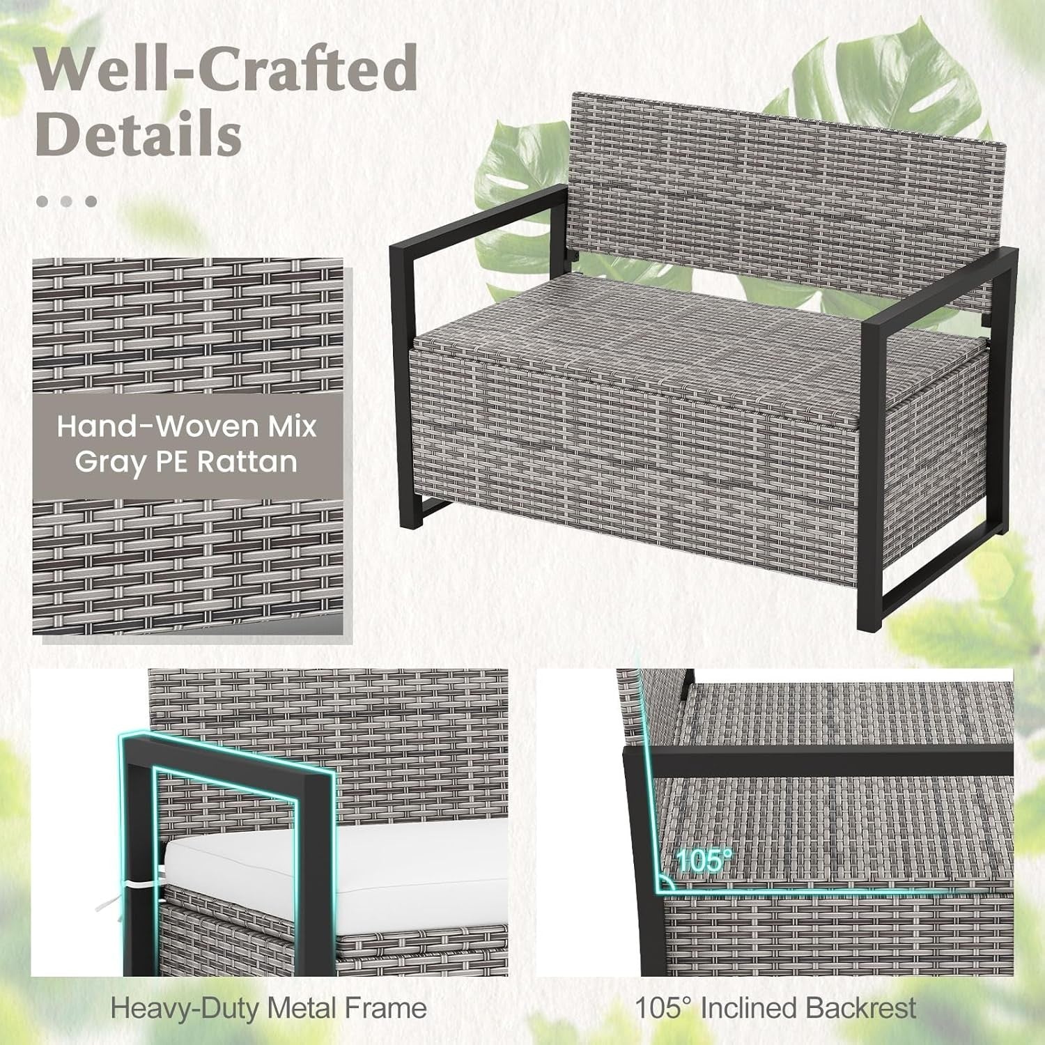 Outdoor 2-Seater PE Rattan Storage Bench with 150L Box & Padded Cushion, Gray