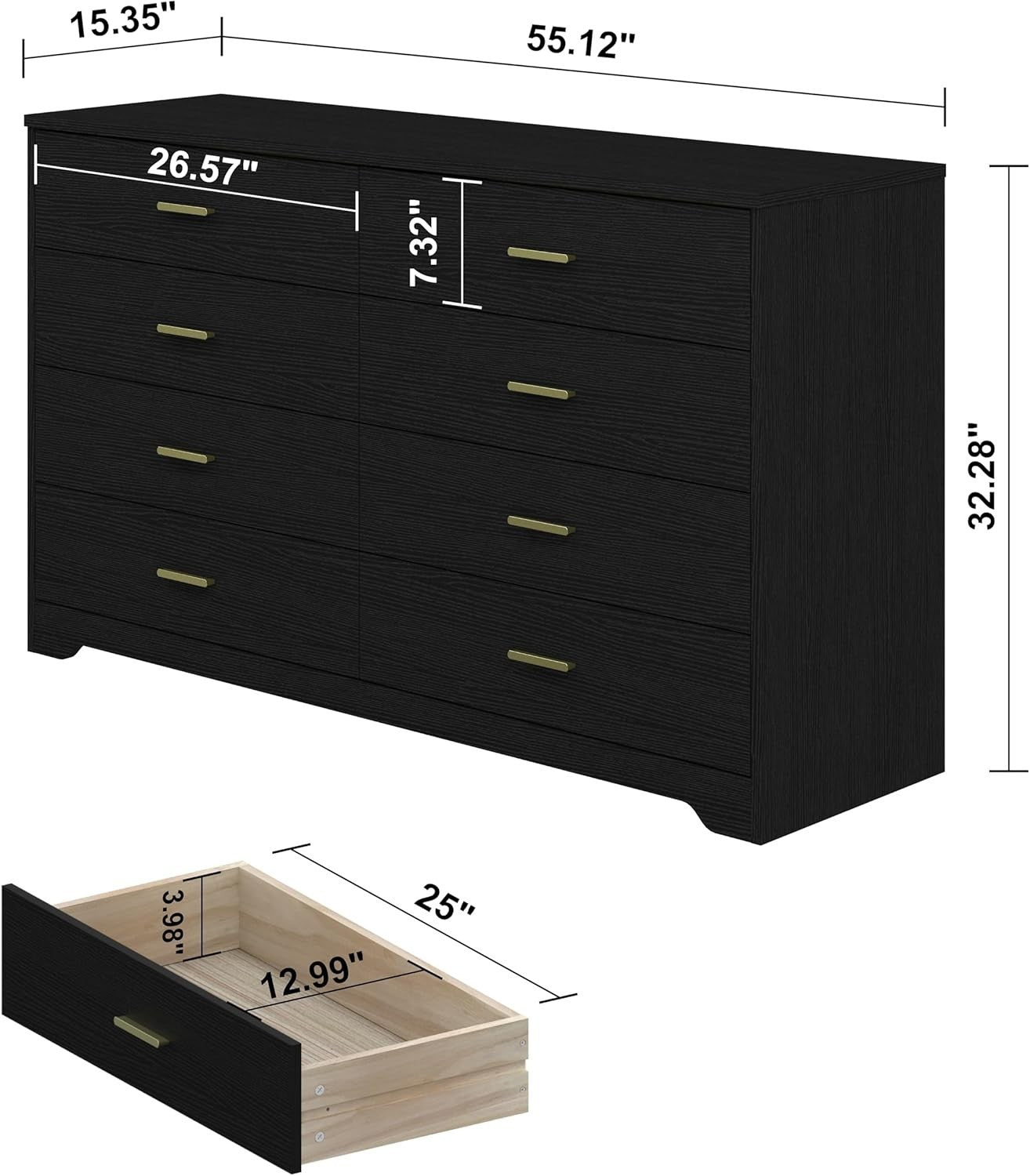 Modern Black Gloss 8-Drawer Wide Storage Chest Bedroom Furniture