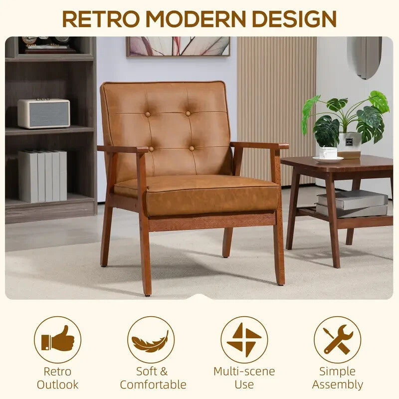 Brown PU Leather Armchair Retro Accent Chair with Wooden Frame 200kg