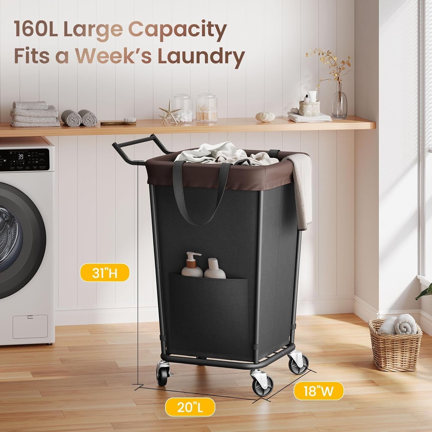 160L Rolling Laundry Hamper on Wheels Large 2 Section Basket with Lid & Handle