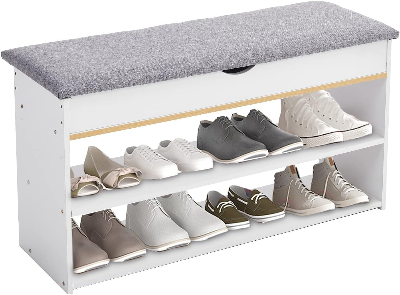 White Shoe Storage Bench with Cushion 2-Tier Organizer Cabinet for Hallway