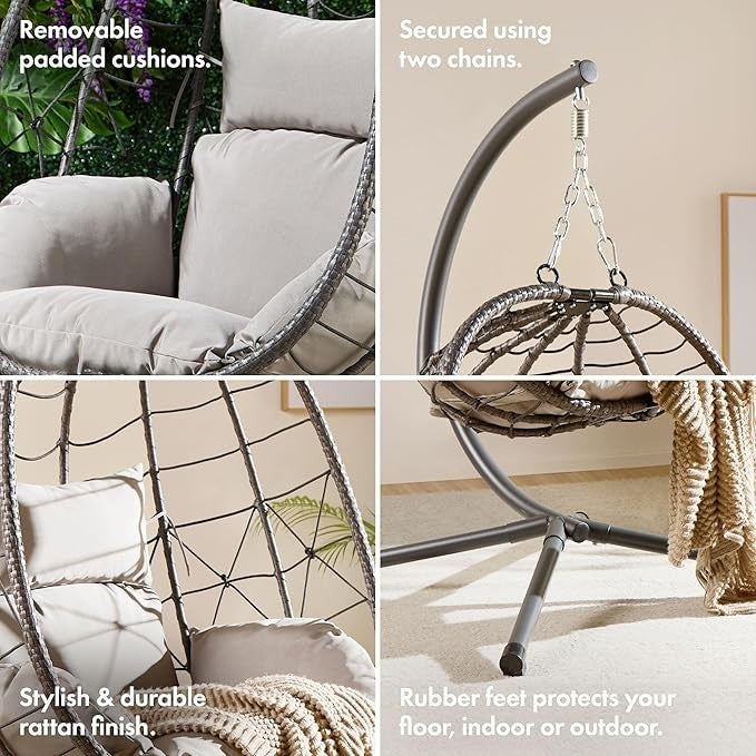 Hanging Egg Chair with Cushions Outdoor Indoor Rattan Swing Seat Grey