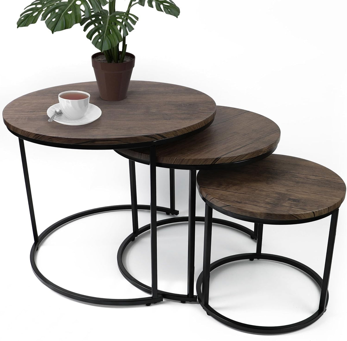 Round Nesting Coffee Table Set of 3 – Space-Saving Modern End Tables, Black