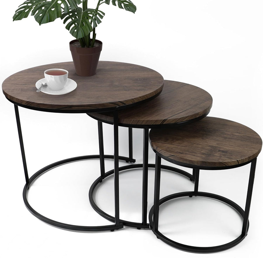 Round Nesting Coffee Table Set of 3 – Space-Saving Modern End Tables, Black