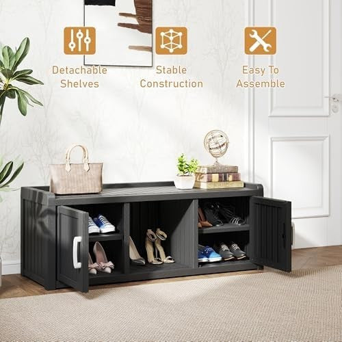 Waterproof Shoe Storage Cabinet Bench 2 Door Resin Unit with Shelves Black