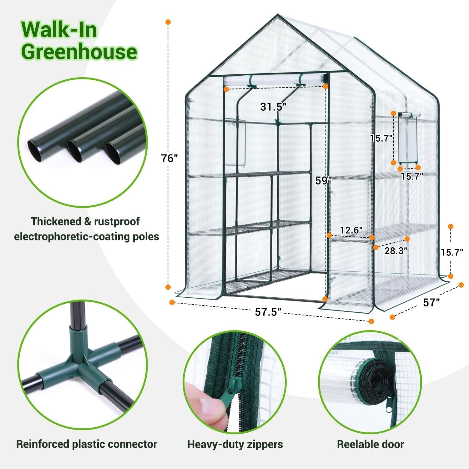 Walk-In 3 Tier 12 Shelf Greenhouse | White PE Cover Heavy-Duty Garden Growhouse