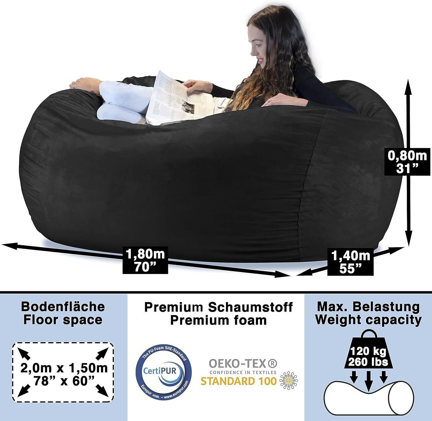 XXL Memory Foam Bean Bag Chair – Giant Sofa Seat for Adults & Teens