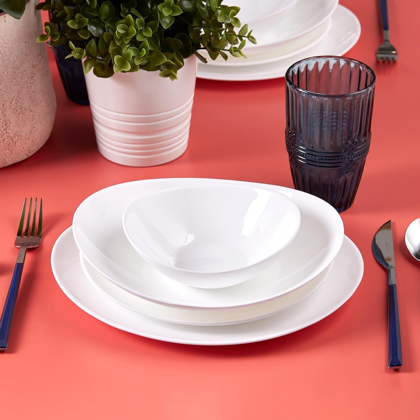 24pc Glass Dinner Set for 6 White Plates Bowls Dishwasher Safe