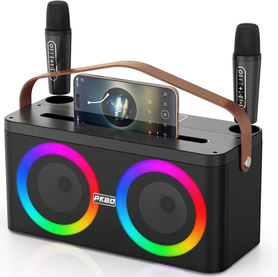 Bluetooth Karaoke Machine with 2 Wireless Mics LED PA Speaker
