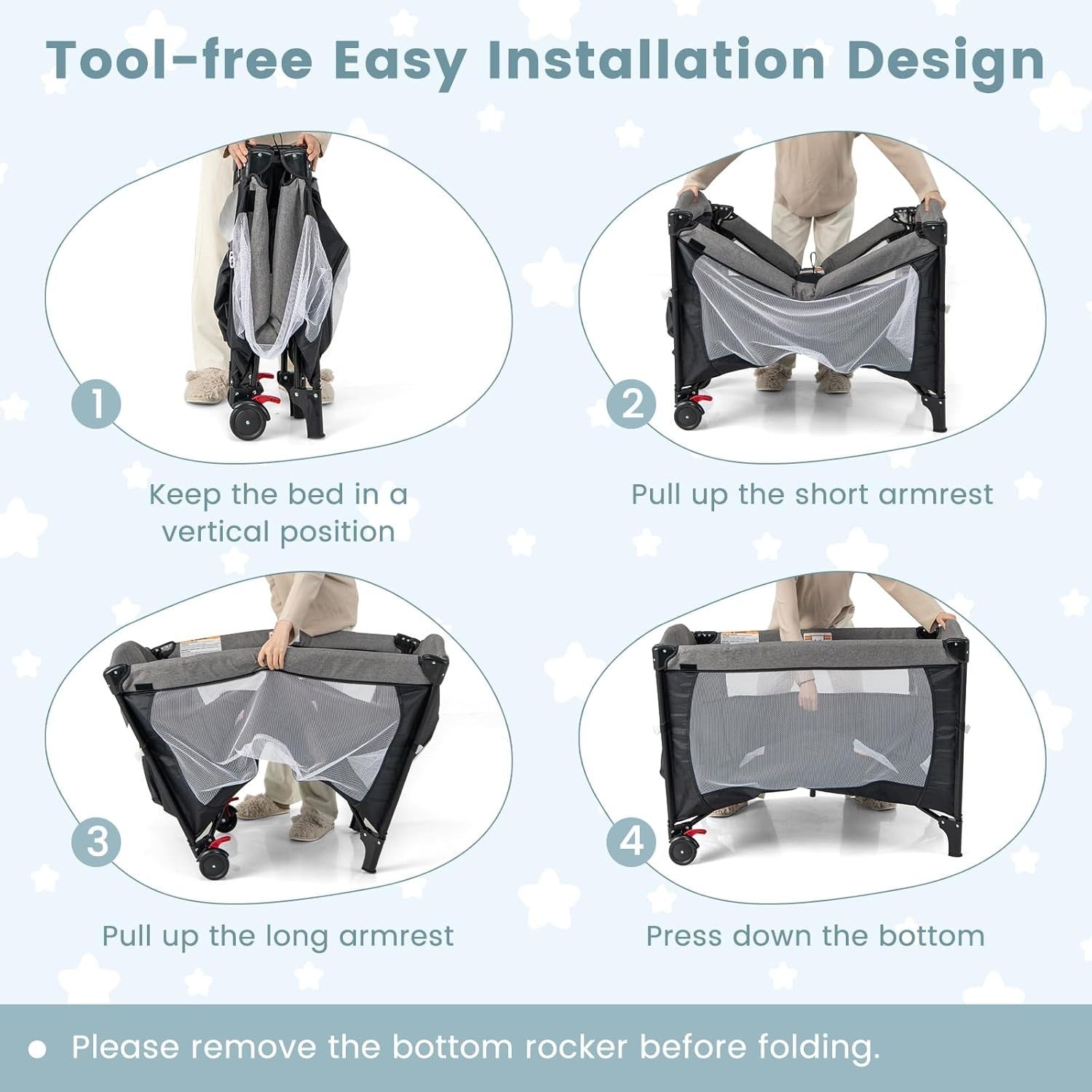 5in1 Baby Travel Cot Bedside Crib Bassinet w/ Mattress Changer Music Toys Black