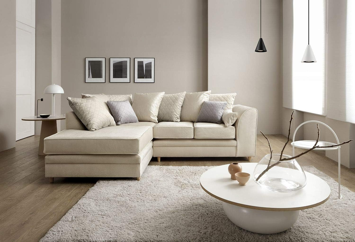 Cream Velvet L Shape Corner Sofa – Water Repellent, Plush Comfort 4 Seater