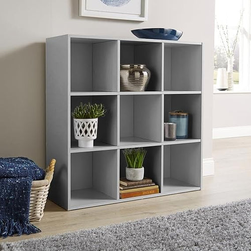 Modern 9-Cube Storage Bookcase Unit Grey – Freestanding Shelving for Home Office
