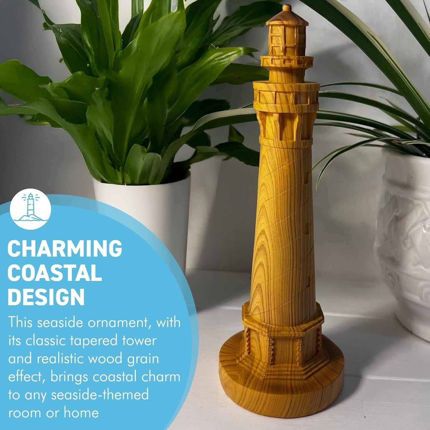 Coastal Lighthouse Ornament 23cm Wood Effect Nautical Home Decor Seaside Statue